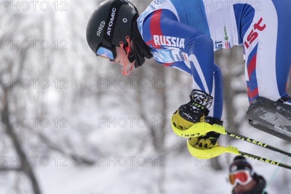 Mount skier Fedoryan Fedor Sakhalin Region at start. Russian Alpine Skiing Championship,