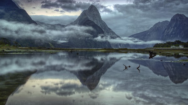 Milford Sound, fog, reflection, lake, South Island, mountains, New Zealand, Milford Sound, South