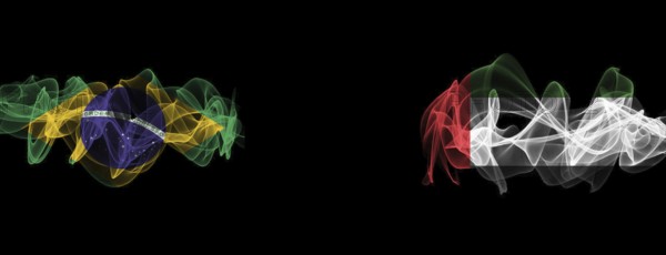 Flags of Brazil and UAE on black background, Brazil vs United Arab Emirates smoke flags