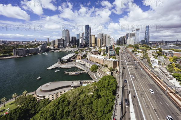 SYDNEY, AUSTRALIA, MARCH 4 2023: The Sydney CBD and surrounding harbour, including Circular Quay