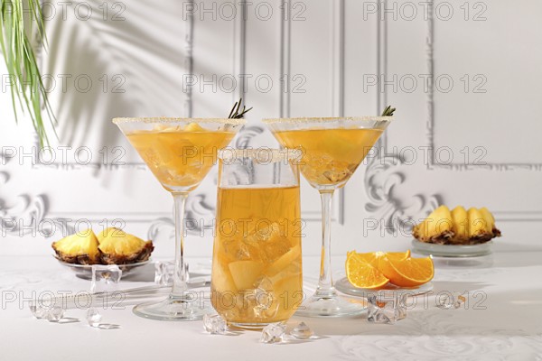 Summer party concept. Lemonade royal cocktail, martini or punch made of tequila, rum and vodka with