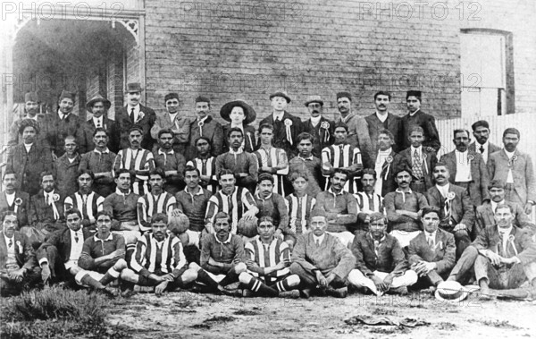 A football team of passive resisters in South Africa, 1913. Back row sixth from left: Gandhi and