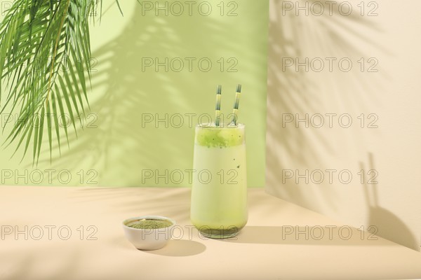 Green tea matcha latte in a glass with bamboo tubes on a modern light background with palm leaves