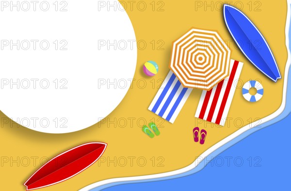Summer background with a clean sandy beach, blue sea, striped umbrella, rugs, thongs, lifebuoy,