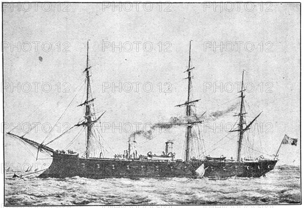 Le Tourville (1874) - a broadside ironclad of the French navy. Illustration of the 19th century.