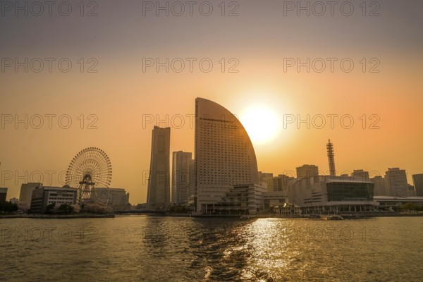 Yokohama Minato Mirai skyline visible from the pleasure boat. Shooting Location: Yokohama-city