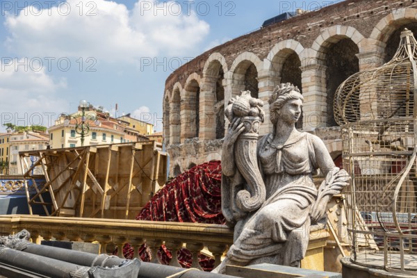 Verona, Italy, June 2022: preparing the stage for the thetre performance in the famous Arena di