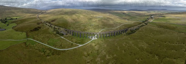 Ribblehead Viaduct, railway viaduct in the Yorkshire Dales, drone image, Carnforth, England, Great