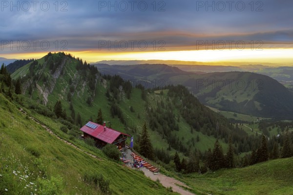 Panoramic view from the Nagelfluhkette to the foothills of the Alps, Nagelfluhkette, Allgäu. The