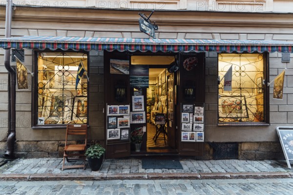 Stockholm, Sweden, August 8, 2019: Art Gallery storefront in Gamla Stan. The Old Town is one of the