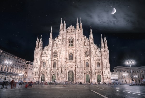 Night picture with the Cathedral of Milan, known also as the Duomo of Milan, with a beautiful sky