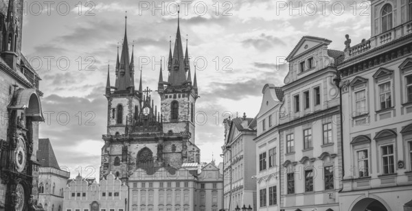 Black and white image with the Church of our Lady before Tyn and other historical buildings from