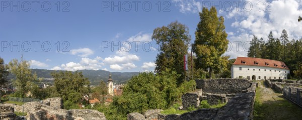 Ruins of Massenburg Castle, former castle complex, gate building at the back, panoramic view,