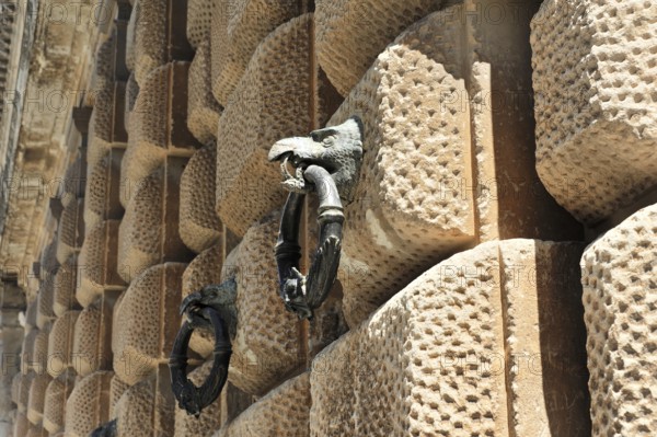 Alhambra, Granada, Andalusia, Spain, Close-up of an antique door knocker on a stone wall, Alhambra,