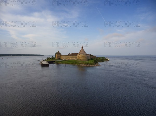 Aerial view on fortress Oreshek on island in Neva river near Shlisselburg town, Leningrad region,