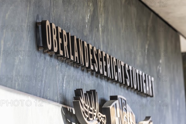 New courtroom building of the Higher Regional Court OLG, state coat of arms. Stammheim, Stuttgart,