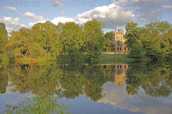 Christian Academy on the Saale with reflection, idyll, riverbank, Saale valley, Halle an der Saale,
