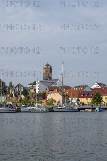 View of the town with St Peter's Church and the Peene River, Wolgast, Usedom Island,