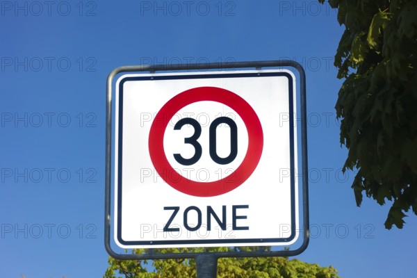 Traffic sign, road sign, traffic sign, 30 zone, start of zone with maximum speed limit 30 km/h,