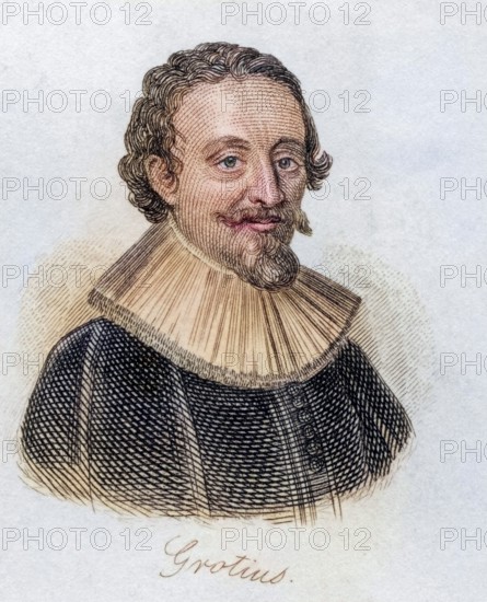 Hugo Grotius, also known as Hugh or Hugeianus De Groot 1583, 1645, Dutch jurist and scholar. From