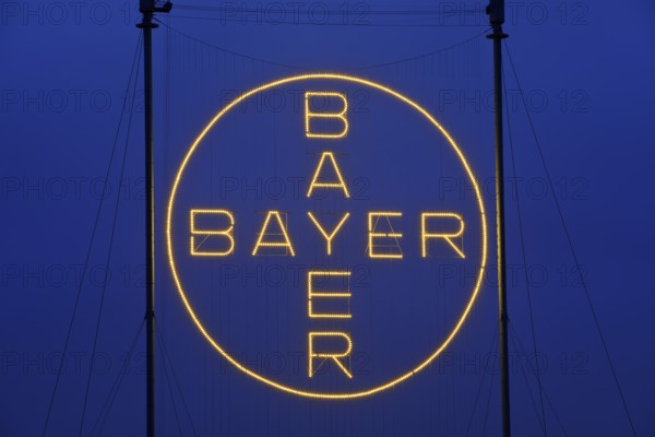 Bayer Cross, the world's largest illuminated sign with 1, 710 LED lights in the evening, Bayer AG,