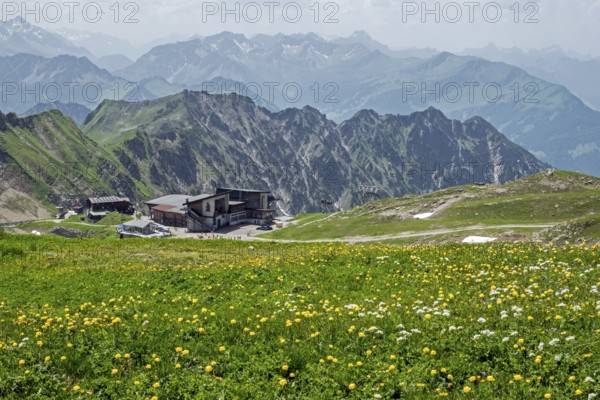 Edmund-Probst-Haus and Höfatsblick mountain station of the Nebelhornbahn, mountains of the Allgäu