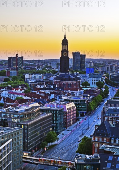 City view from above with the main church St Michaelis and the Dancing Towers at sunset, Hamburg,