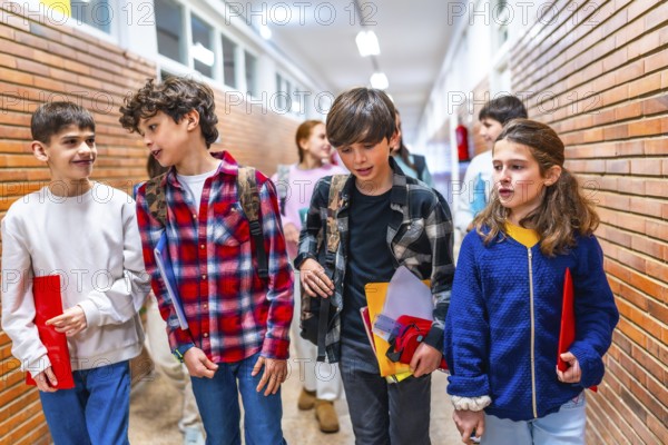 Elementary school students carrying backpacks and notebooks walk and chat together in school