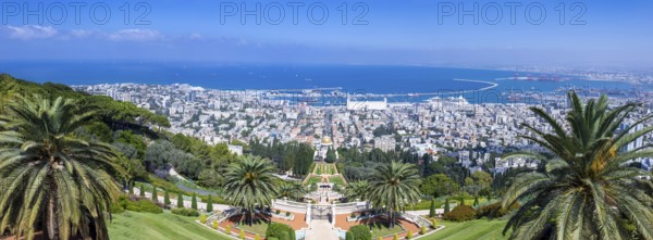 Bahai Garden in Haifa, Israel, a scenic panoramic landmark of hanging gardens and Haifa sea shore
