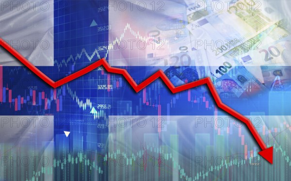 Financial fall of Finland on economy market. Finland financial crisis on economic graph