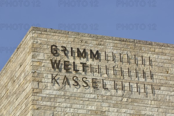 Building of Grimmwelt Museum with inscription, Grimm, world, Brothers Grimm, roof, corner of house,