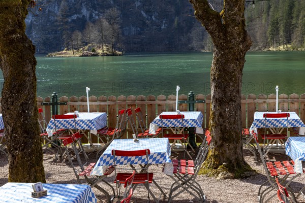 Empty beer garden at Königssee, Schönau am Königssee, Berchtesgadener Land, Upper Bavaria, Bavaria,