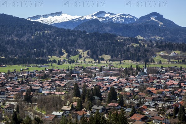 View from Cafe Breitenberg to Oberstdorf, behind mountains of the Allgäu Alps with Hoher Ifen,