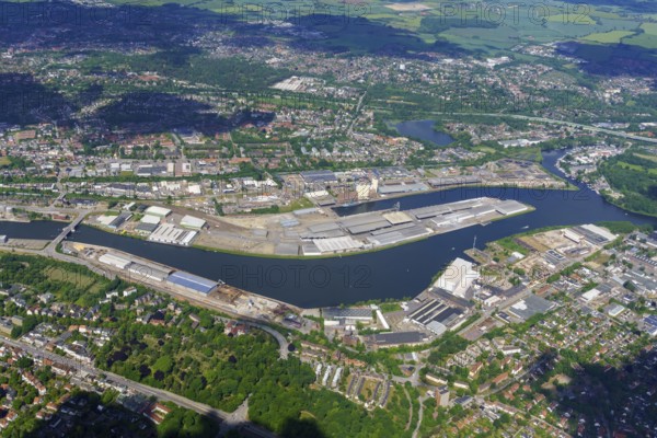 Lübeck, Schleswig-Holstein, aerial view, Hanseatic city, Trave, Vorwerk harbour, transshipment