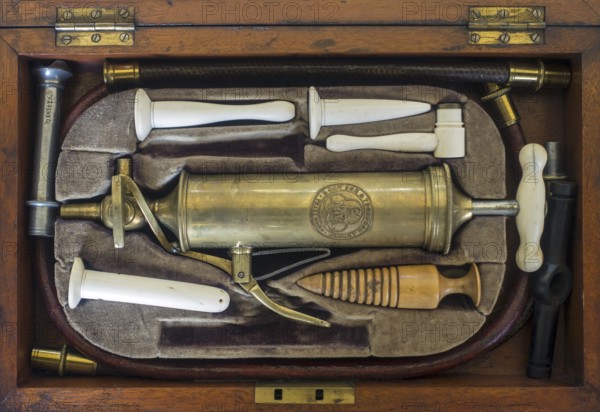 19th century set with instruments for Gastric lavage, stomach pumping, gastric irrigation in