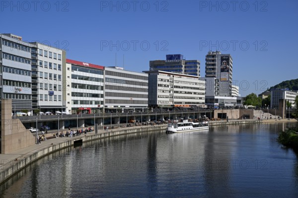 Skyline of Saarbrücken, in the foreground the river Saar, Saarland, Germany