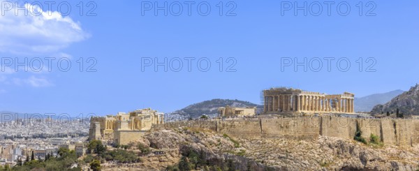 Ancient landmark citadel Acropolis of Athens seen from the Hill of the Muses, Philopappos Hill