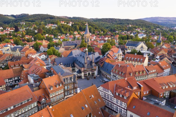 Historic town hall, St Sylvestrie's Church and market, aerial view of the old town, Wernigerode,