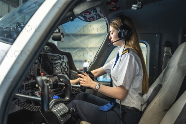 Confident female pilot using electronic flight bag while sitting in cockpit of small airplane