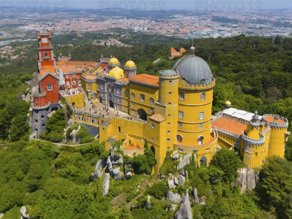 Impressive castle with colourful towers and domed roof on a mountain ridge amidst green trees and