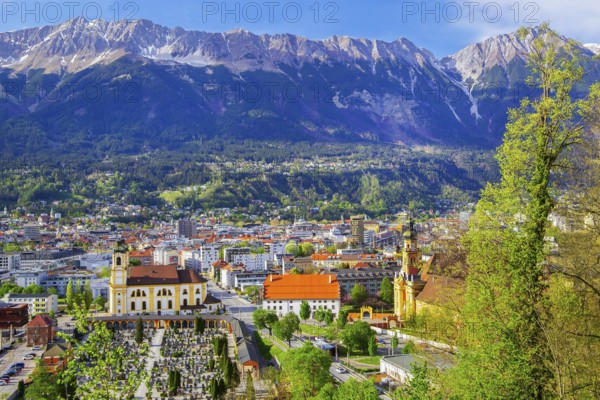 City view with Wilten Abbey in front of the northern chain of the Karwendel Mountains, Innsbruck,