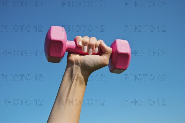 Woman's hand holding pink dumbbell free weight in front of blue sky. Generative Ai, AI generated