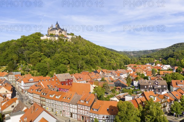 Aerial view of the district Nöschenrode with castle, in the foreground half-timbered houses Schöne