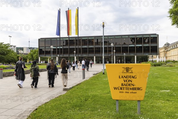 House of the state parliament of Baden-Württemberg, state parliament building in Stuttgart. Flags