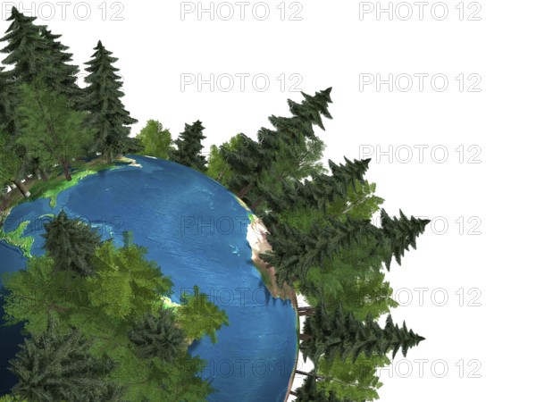 Conceptual 3D Illustration of the Earth globe covered with green trees growing out of it Green