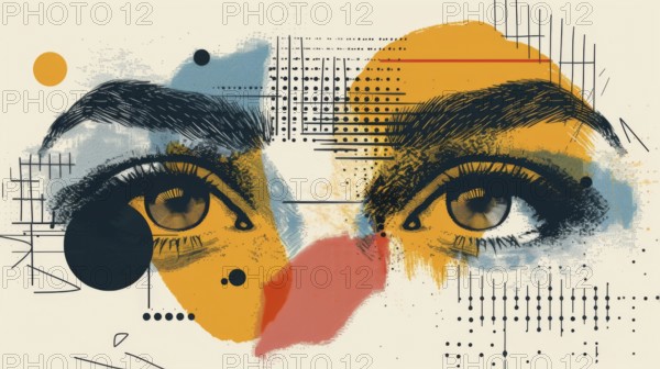 Bold and detailed abstract art with a focus on eyes amidst a mix of vibrant colors and intricate