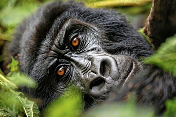 Close-up of a gorilla face (gorilla) with haunting orange eyes and detailed fur structure, AI