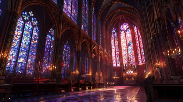 Interior of a gothic cathedral with vibrant stained glass windows and ornate details, Paris,