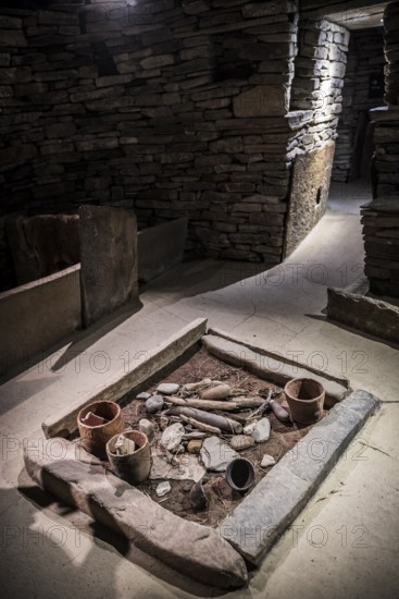 Replica of a house from the Neolithic settlement of Skara Brae, Mainland, Orkney Islands, Scotland,