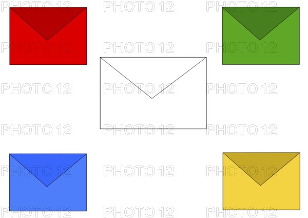 White envelope in the centre, four colourful small envelopes at the edge of the picture,